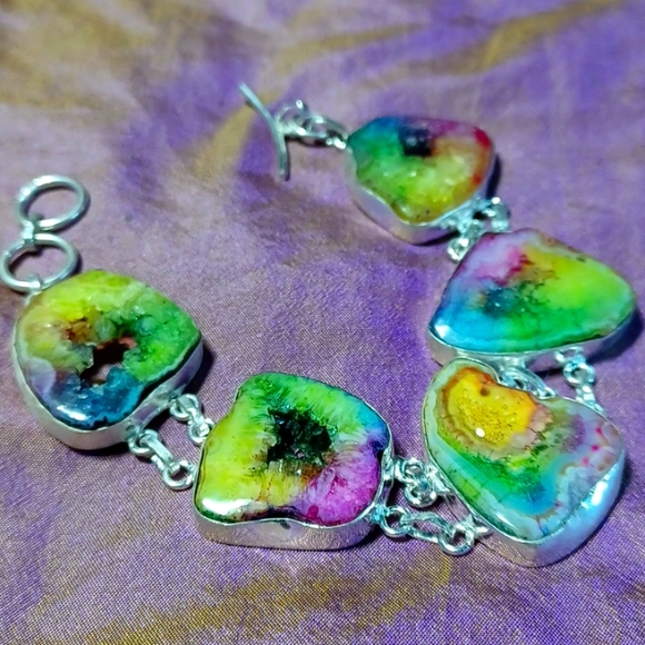 Solar agate bracelet silver rainbow colorful druzy crystal golden yellow purple - Picture 4 of 5